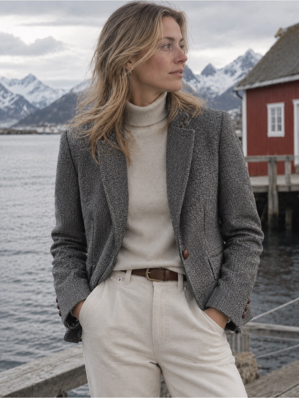 L.L.Bean 100% Shetland Wool Herringbone High Stand Collar Blazer US 12 Bird Dog
